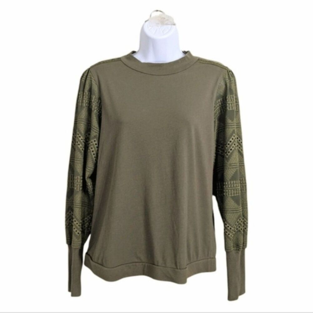 Anthropologie TINY Helen Lace Mock Neck Long Sleeve Top Eyelet Olive Green L